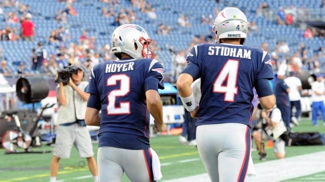 New England Patriots quarterbacks Brian Hoyer (2) and quarterback Jarret Stidham (4)
