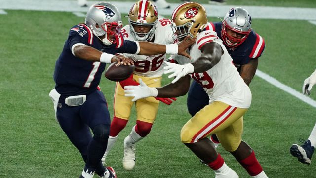 New England Patriots quarterback Cam Newton and San Francisco 49ers defensive tackle Javon Kinlaw