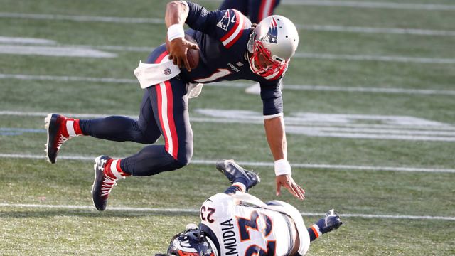 New England Patriots quarterback Cam Newton and Denver Broncos cornerback Michael Ojemudia