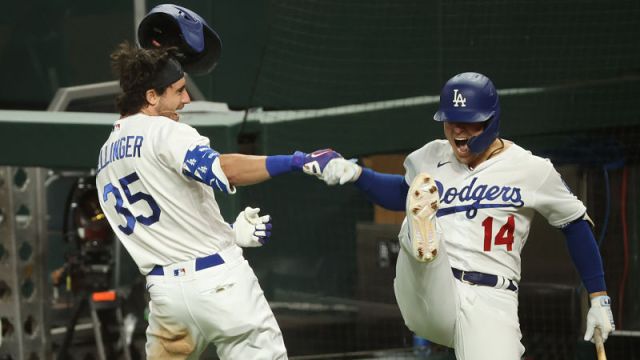 Los Angeles Dodgers outfielder Cody Bellinger and infielder Kike Hernandez