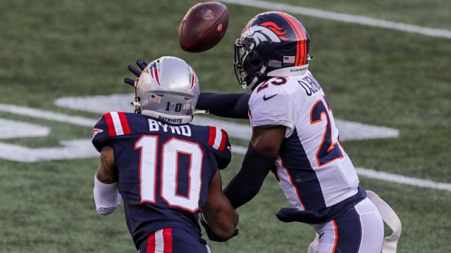 New England Patriots wide receiver Damiere Byrd and Denver Broncos cornerback Michael Ojemudia