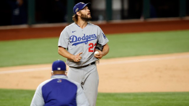 Los Angeles Dodgers pitcher Clayton Kershaw, manager Dave Roberts