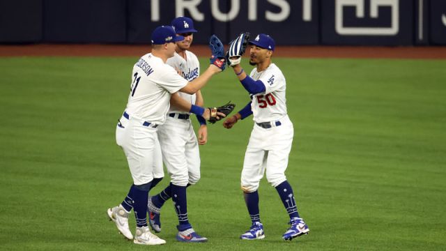 Los Angeles Dodgers left fielder Joc Pederson, center fielder Cody Bellinger and right fielder Mookie Betts