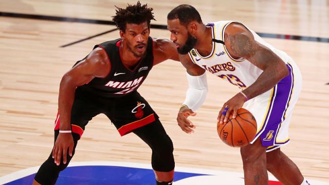 Los Angeles Lakers forward LeBron James and Miami Heat forward Jimmy Butler