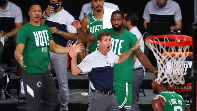 Boston Celtics coach Brad Stevens (center)