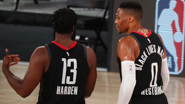 Houston Rockets guard James Harden and guard Russell Westbrook