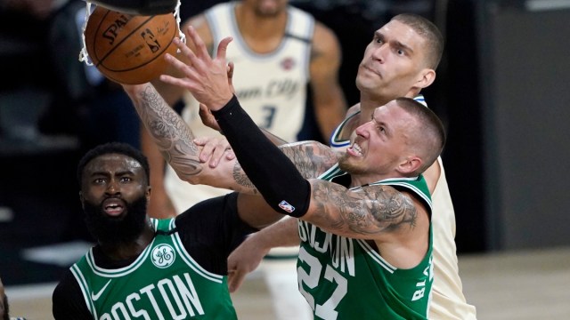 Boston Celtics Center Daniel Theis (27) and forward Jaylen Brown (7)