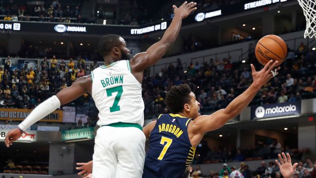 Boston Celtics guard Jaylen Brown and Indiana Pacers guard Malcolm Brogdon