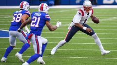 Buffalo Bills safety Jordan Poyer and New England Patriots quarterback Cam Newton