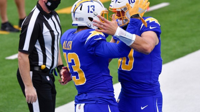 Los Angeles Chargers wide receiver Keenan Allen (13) and Los Angeles Chargers quarterback Justin Herbert (10)