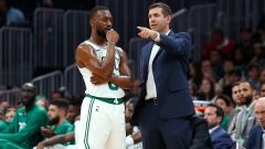 Boston Celtics guard Kemba Walker, head coach Brad Stevens