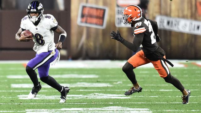 Baltimore Ravens quarterback Lamar Jackson and Cleveland Browns cornerback Kevin Johnson