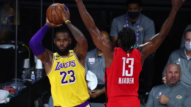 Los Angeles Lakers forward LeBron James and Houston Rockets guard James Harden