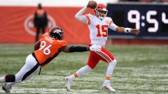 Denver Broncos defensive lineman Shelby Harris and Kansas City Chiefs quarterback Patrick Mahomes