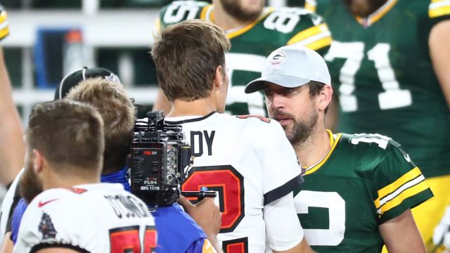 Tampa Bay Buccaneers quarterback Tom Brady and Green Bay Packers quarterback Aaron Rodgers