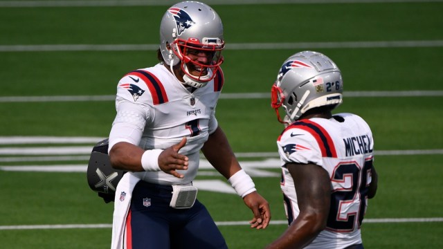 New England Patriots quarterback Cam Newton (1) and running back Sony Michel