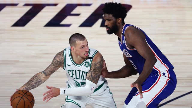 Boston Celtics center Daniel Thies, Philadelphia 76ers center Joel Embiid
