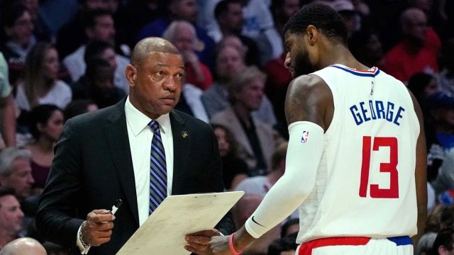 Philadelphia 76ers head coach Doc Rivers and Los Angeles Clippers forward Paul George