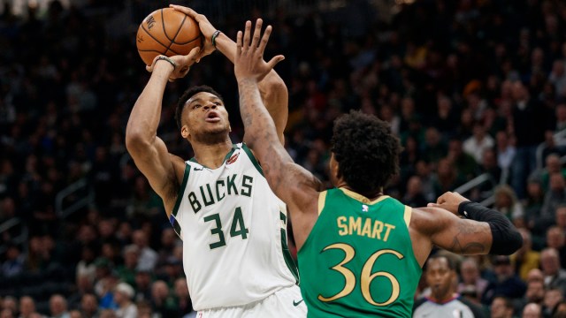 Milwaukee Bucks forward Giannis Antetokounmpo, Boston Celtics guard Marcus Smart
