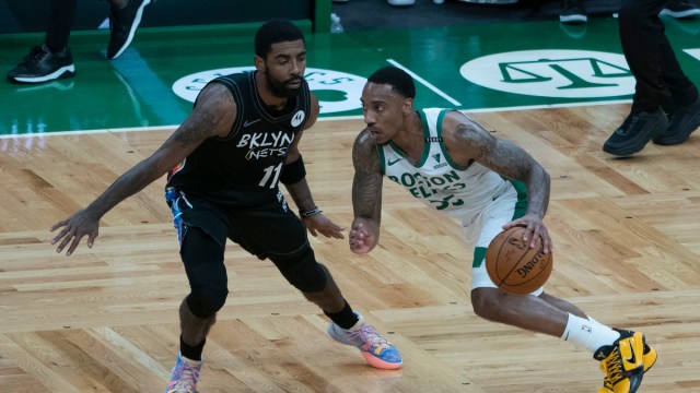 Boston Celtics point guard Jeff Teague, Brooklyn Nets guard Kyrie Irving