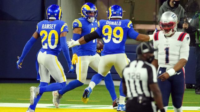 Los Angeles Rams outside linebacker Kenny Young, cornerback Jalen Ramsey and and defensive end Aaron Donald