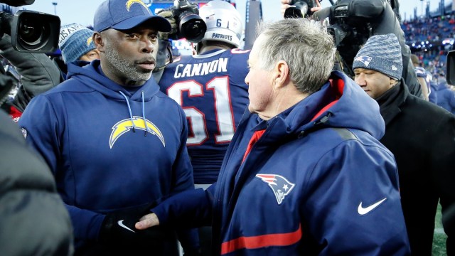 Former Los Angeles Chargers coach Anthony Lynn (left) and New England Patriots coach Bill Belichick