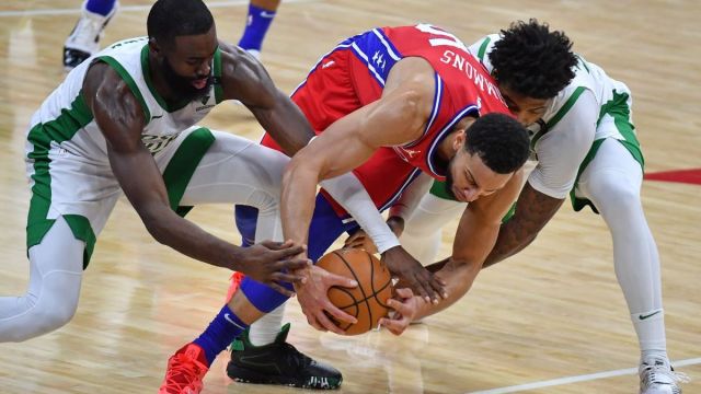 Boston Celtics guards Jaylen Brown, Marcus Smart, Philadelphia 76ers guard Ben Simmons