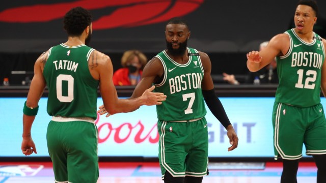 Boston Celtics forward Jayson Tatum And Guard Jaylen Brown (7) and forward Grant Williams (12)