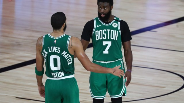 Boston Celtics forwards Jayson Tatum (left) and Jaylen Brown