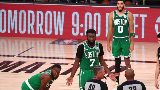 Boston Celtics guards Kemba Walker, Jaylen Brown, forward Jayson Tatum