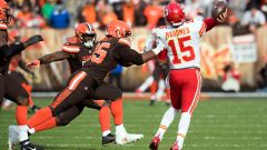 Cleveland Browns defensive lineman Myles Garrett and Kansas City Chiefs quarterback Patrick Mahomes