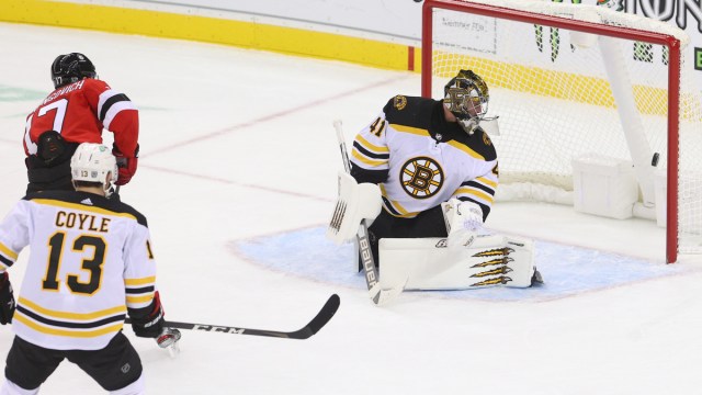 Boston Bruins goalie Jaroslav Halak, New Jersey Devils winger Yegor Sherangovic