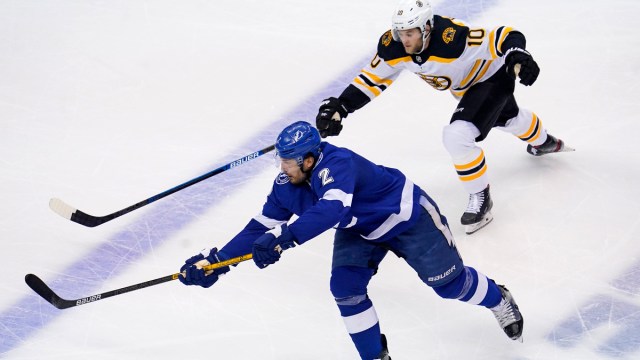 Boston Bruins winger Anders Bjork, Tampa Bay Lightning defenseman Luke Schenn