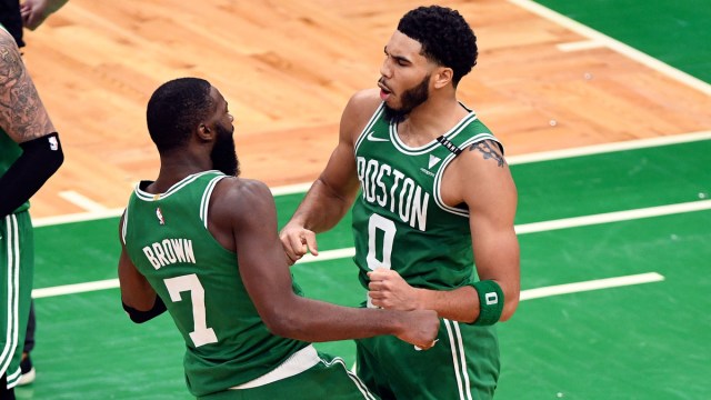 Boston Celtics players Jaylen Brown, Jayson Tatum