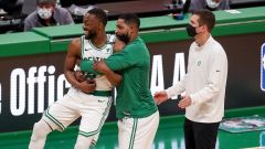 Boston Celtics guard Kemba Walker, center Tristan Thompson, coach Brad Stevens