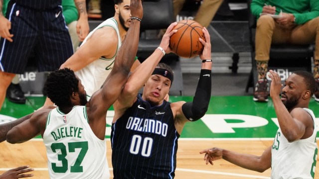 Orlando Magic forward Aaron Gordon (00) and Boston Celtics forward Semi Ojeleye (37)