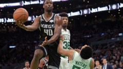 Sacramento Kings forward Harrison Barnes (40) and Boston Celtics guards Tremont Waters (5) and Marcus Smart (36)
