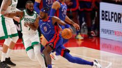 Boston Celtics guard Jaylen Brown and Detroit Pistons forward Jerami Grant