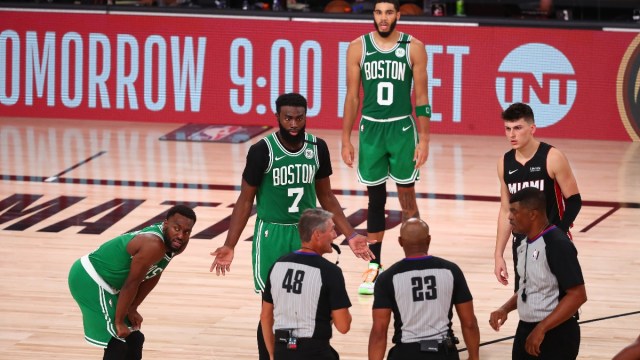 Boston Celtics guard Kemba Walker (8) and forwards Jaylen Brown (7) and Jayson Tatum (0)y