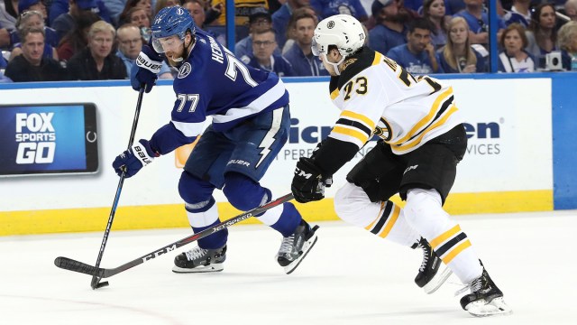 Boston Bruins defenseman Charlie McAvoy, Tampa Bay Lightning defenseman Victor Hedman