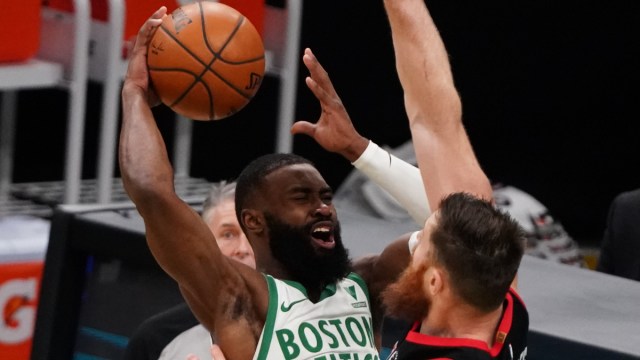 Boston Celtics forward Jaylen Brown, Toronto Raptors center Aron Baynes