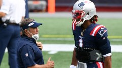 New England Patriots head coach Bill Belichick, quarterback Cam Newton