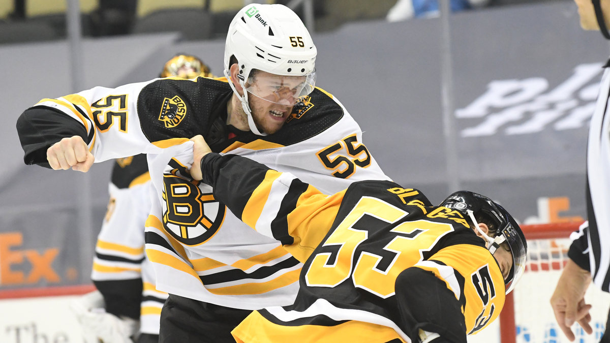 Jeremy Lauzon Fights Teddy Blueger During Bruins Penguins