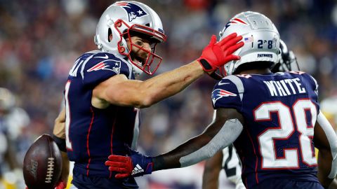 Former New England Patriots wide receiver Julian Edelman and current Patriots running back James White