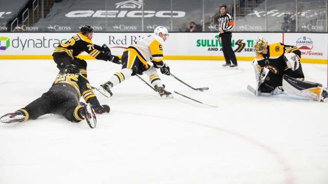 Boston Bruins Defenseman Charlie McAvoy, Goalie Dan Vladar And Pittsburgh Penguins Defenseman Mike Matheson