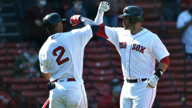 Boston Red Sox shortstop Xander Bogaerts and designated hitter J.D. Martinez
