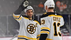 Boston Bruins center Patrice Bergeron and center Charlie Coyle