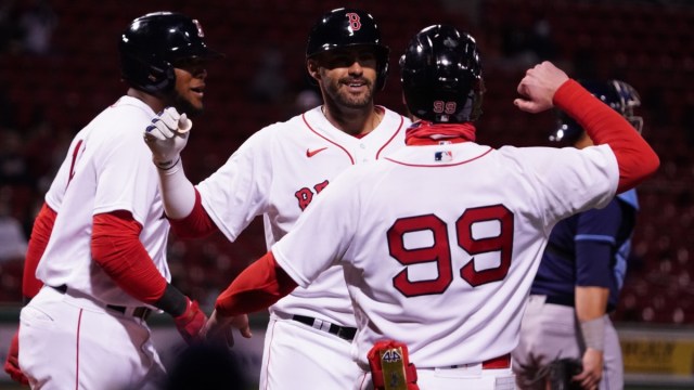 Boston Red Sox designated hitter J.D. Martinez, center fielder Alex Verdugo and left fielder Franchy Cordero