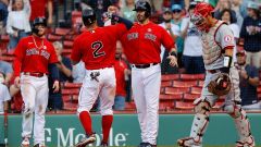 Boston Red Sox outfielder Alex Verdugo, shortstop Xander Bogaerts, designated hitter J.D. Martinez