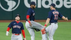 Boston Red Sox outfielders Alex Verdugo, Franchy Cordero and Hunter Renfroe